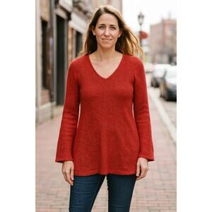 J Jill V Neck Sweater Womens Size Medium Waffle Knit Pullover Cotton Blend Red